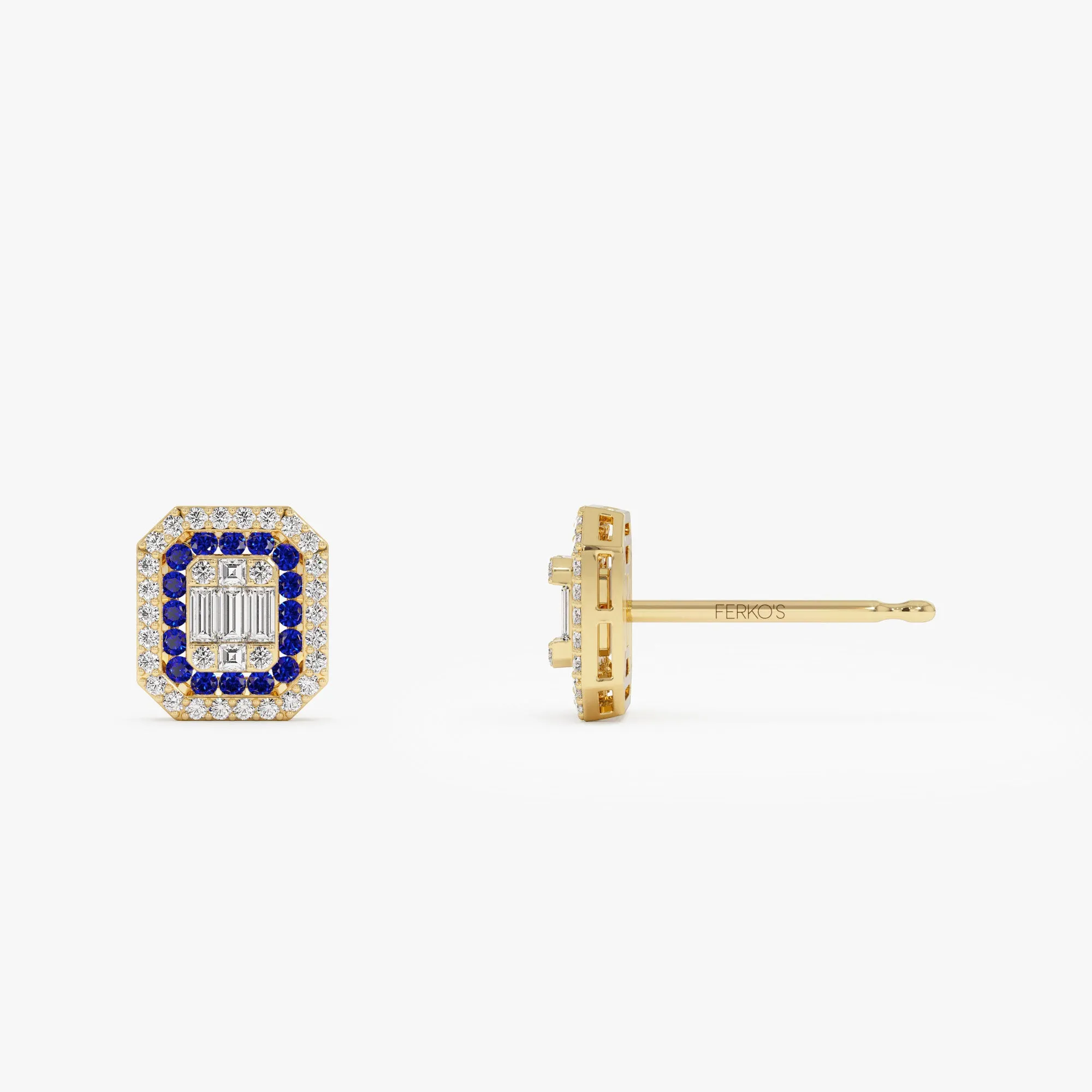 14k Baguette and Round Sapphire Studs Halo Setting