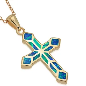 925 Sterling Silver Rose Gold-Tone Blue Opal Religious Latin Cross Pendant Necklace