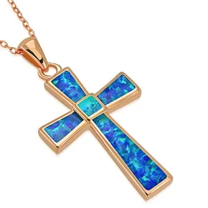 925 Sterling Silver Rose Gold-Tone Simulated Blue Opal Religious Cross Pendant Necklace