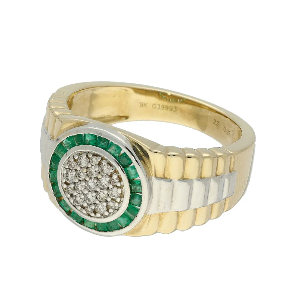 9ct Gold Men's Two Tone Emerald and Diamond Rolex Ring