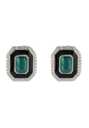 Art Deco Emerald And Enamel Stud Earrings Silver