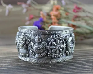 Auspicious Symbols Sterling Silver Cuff Bracelet