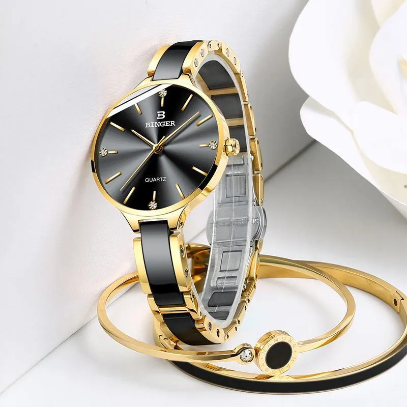 Binger Elegant Ceramics Bracelet Gold Black B-1185