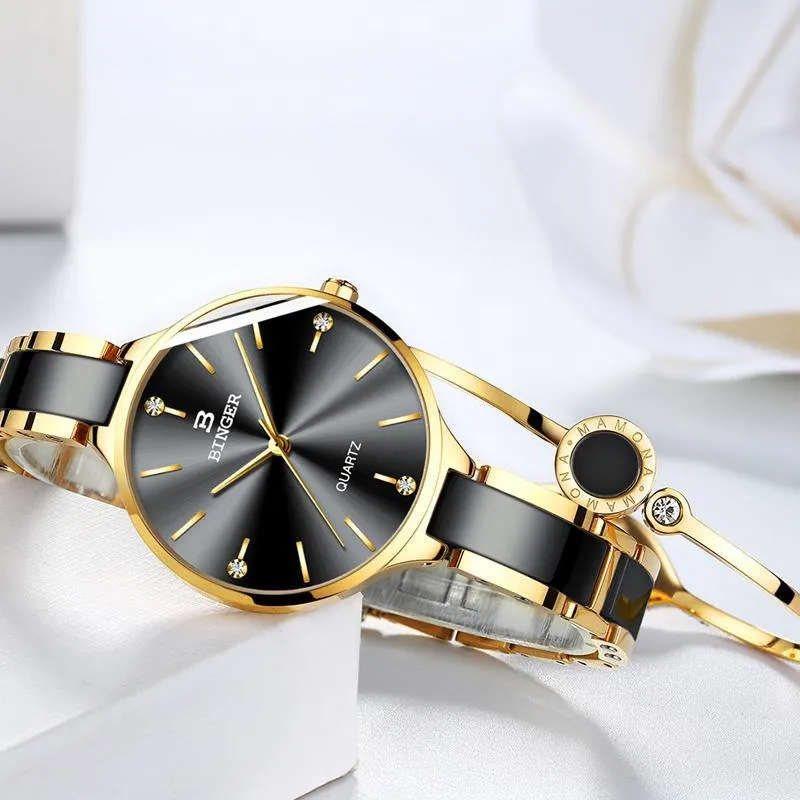 Binger Elegant Ceramics Bracelet Gold Black B-1185
