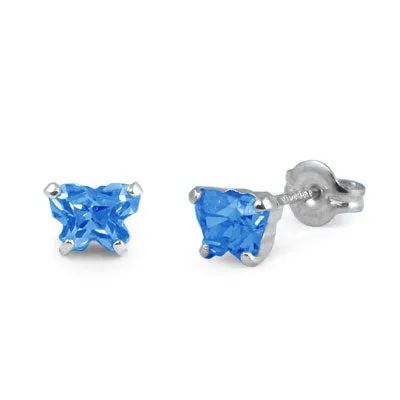 Children Sterling Silver Blue Topaz C.Z. Butterfly Stud Earrings