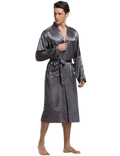Chinese Style Men Kimono Bathrobe Nightwear Loose Satin Robe Pyjamas Home Wear Casual Male Long Sleeve Sleepwear Nightgown