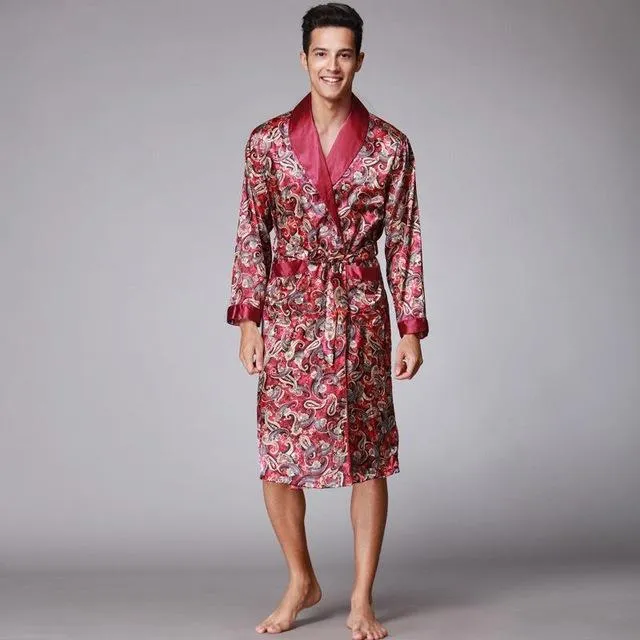 Chinese Style Men Satin Bathrobe Robe Long Sleeve Pajamas Vintage Print Nightgown Sleepwear Kimono Spring Autumn Home Wear