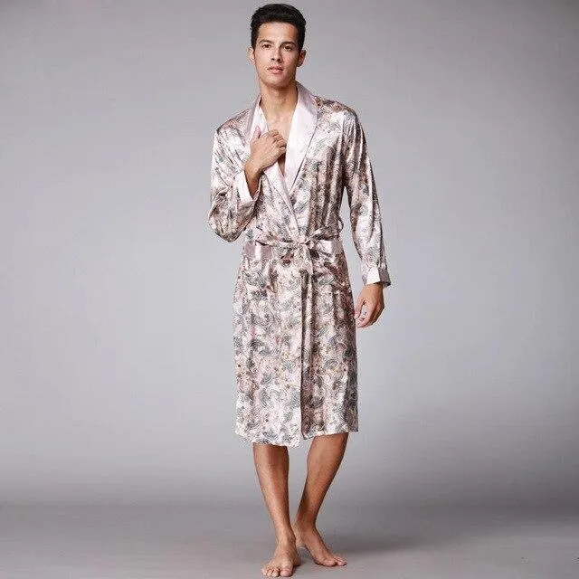 Chinese Style Men Satin Bathrobe Robe Long Sleeve Pajamas Vintage Print Nightgown Sleepwear Kimono Spring Autumn Home Wear