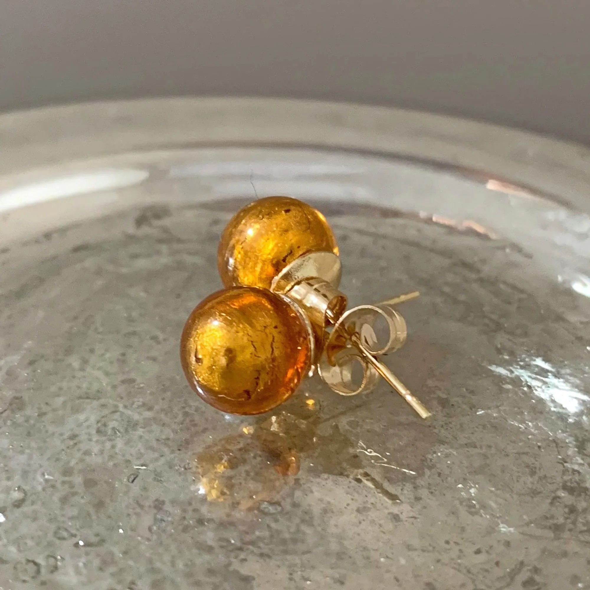 Earrings with gold topaz (amber, brown) Murano glass sphere studs on gold plated posts