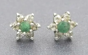 Emerald & Cubic Zirconia Sterling Silver Stud Earrings