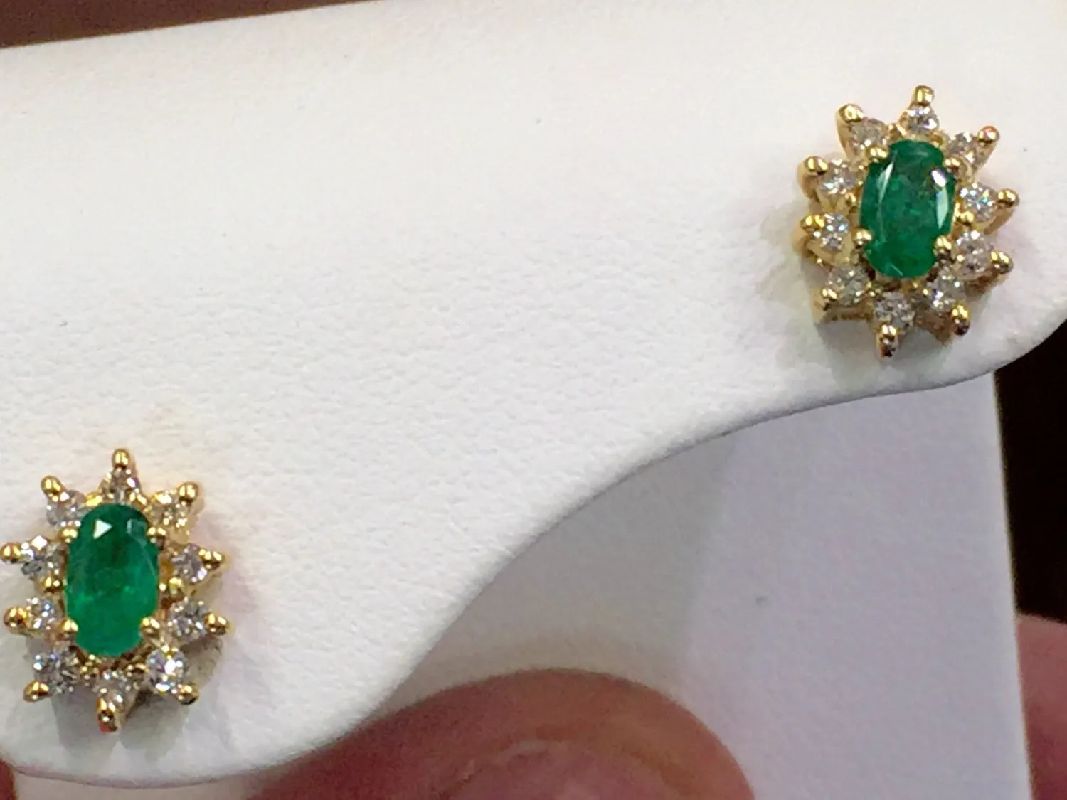 Emerald And Diamond Halo 14 K Yellow Gold Earrings