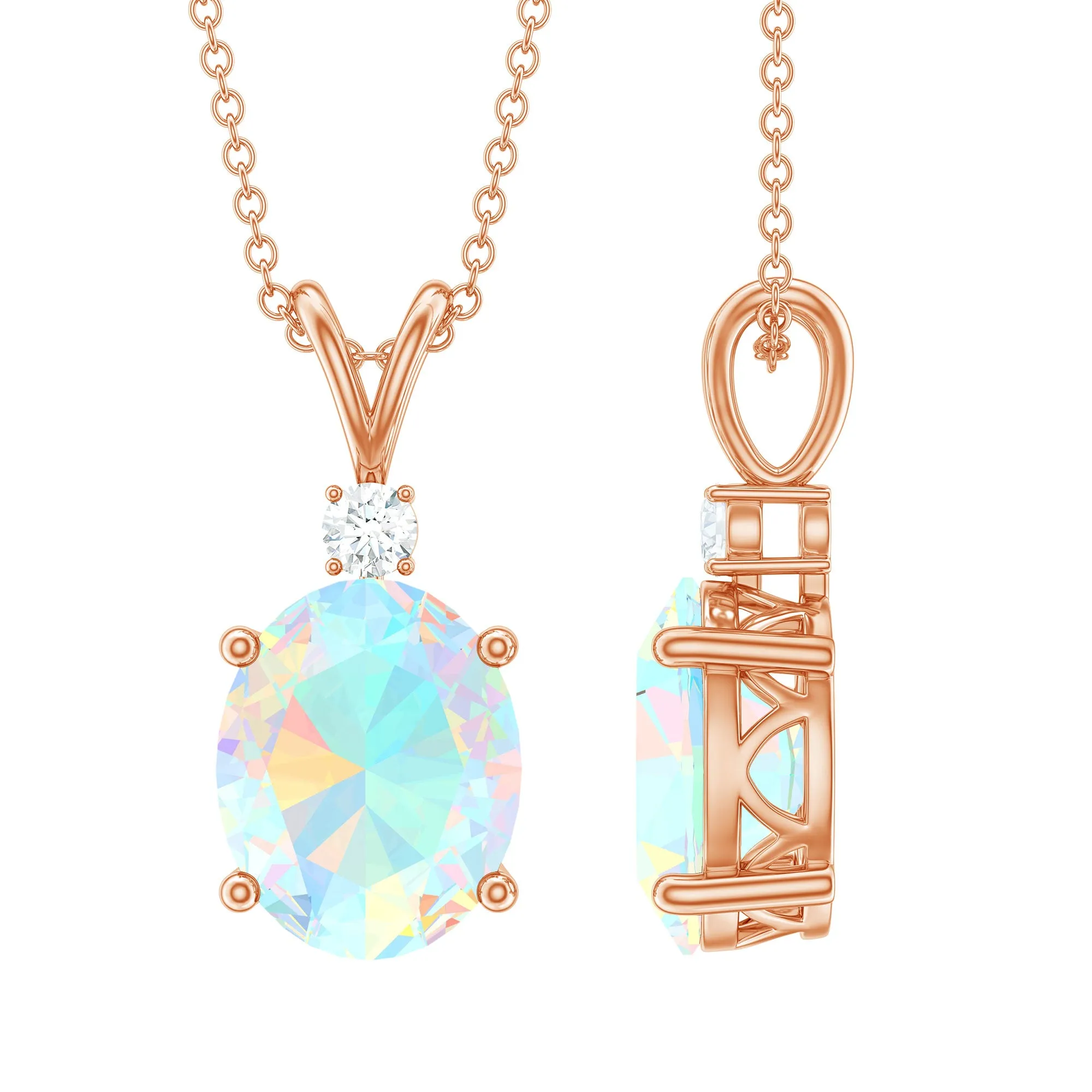 Ethiopian Opal Solitaire Minimal Pendant Necklace with Diamond