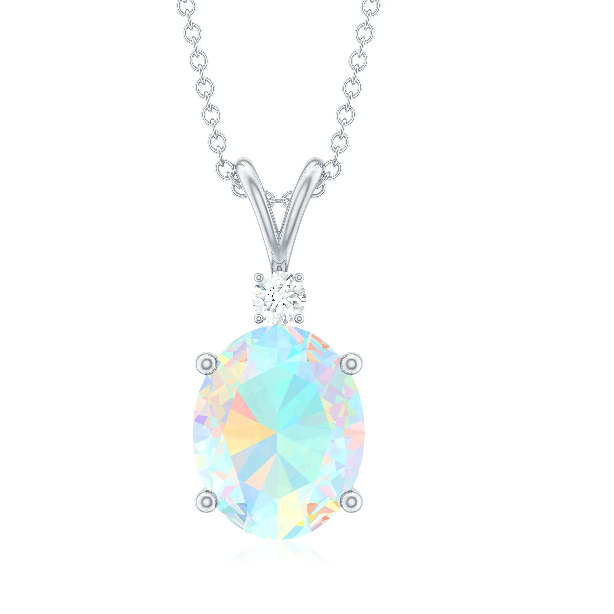 Ethiopian Opal Solitaire Minimal Pendant Necklace with Diamond