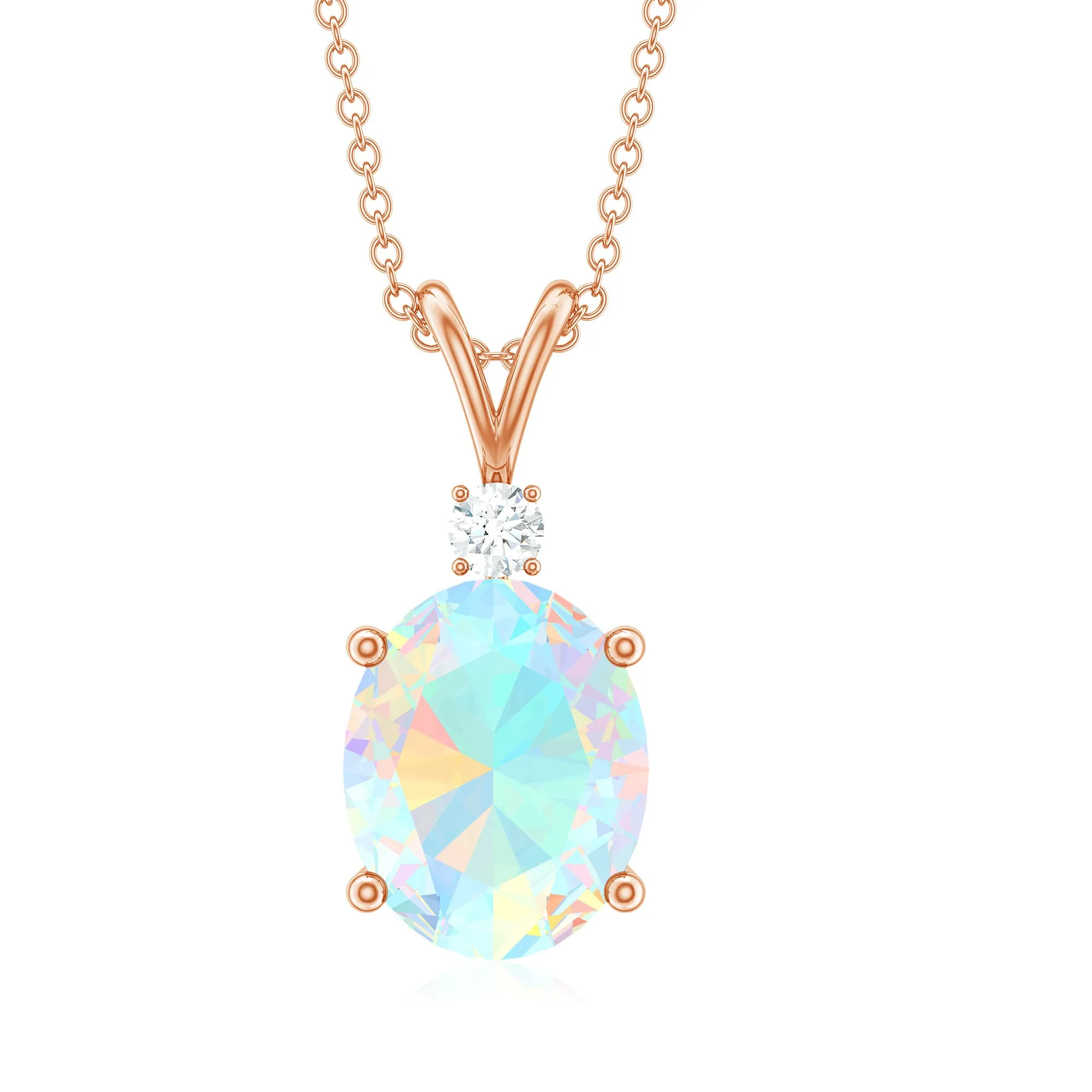 Ethiopian Opal Solitaire Minimal Pendant Necklace with Diamond