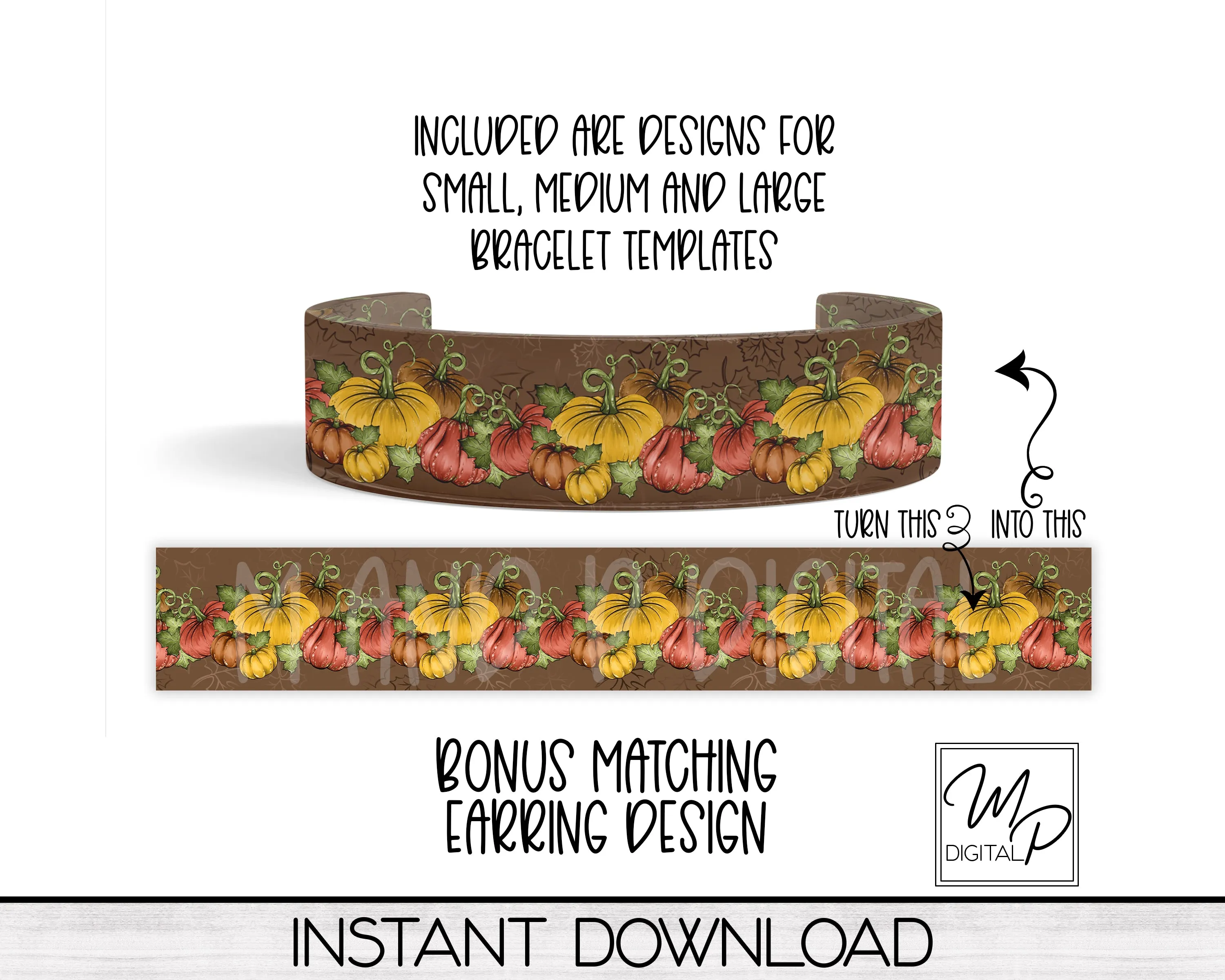 Fall Pumpkin Acrylic Cuff Bracelet PNG Design for Sublimation, Bonus Earring Design, Digital Download