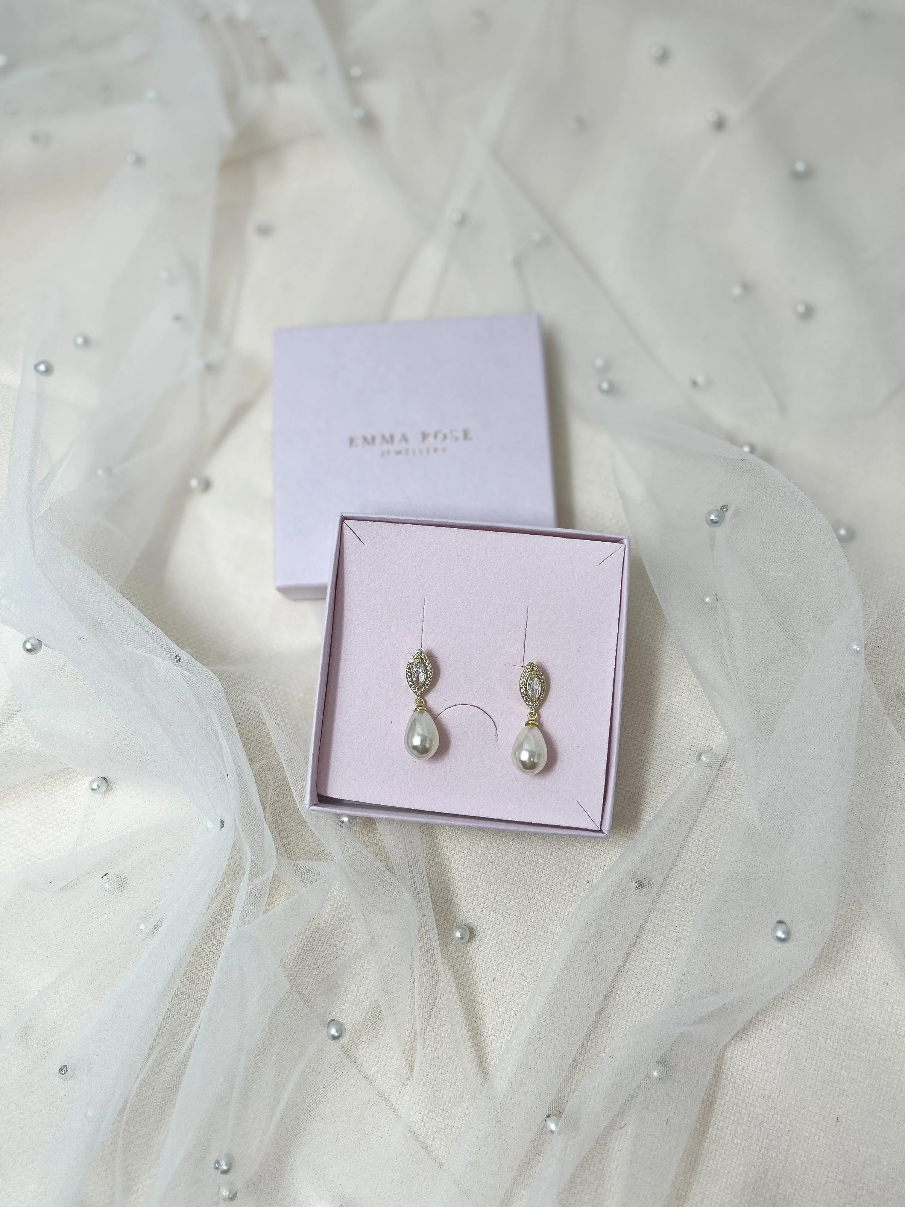 Gold Pearl Marquise Bridal Earrings