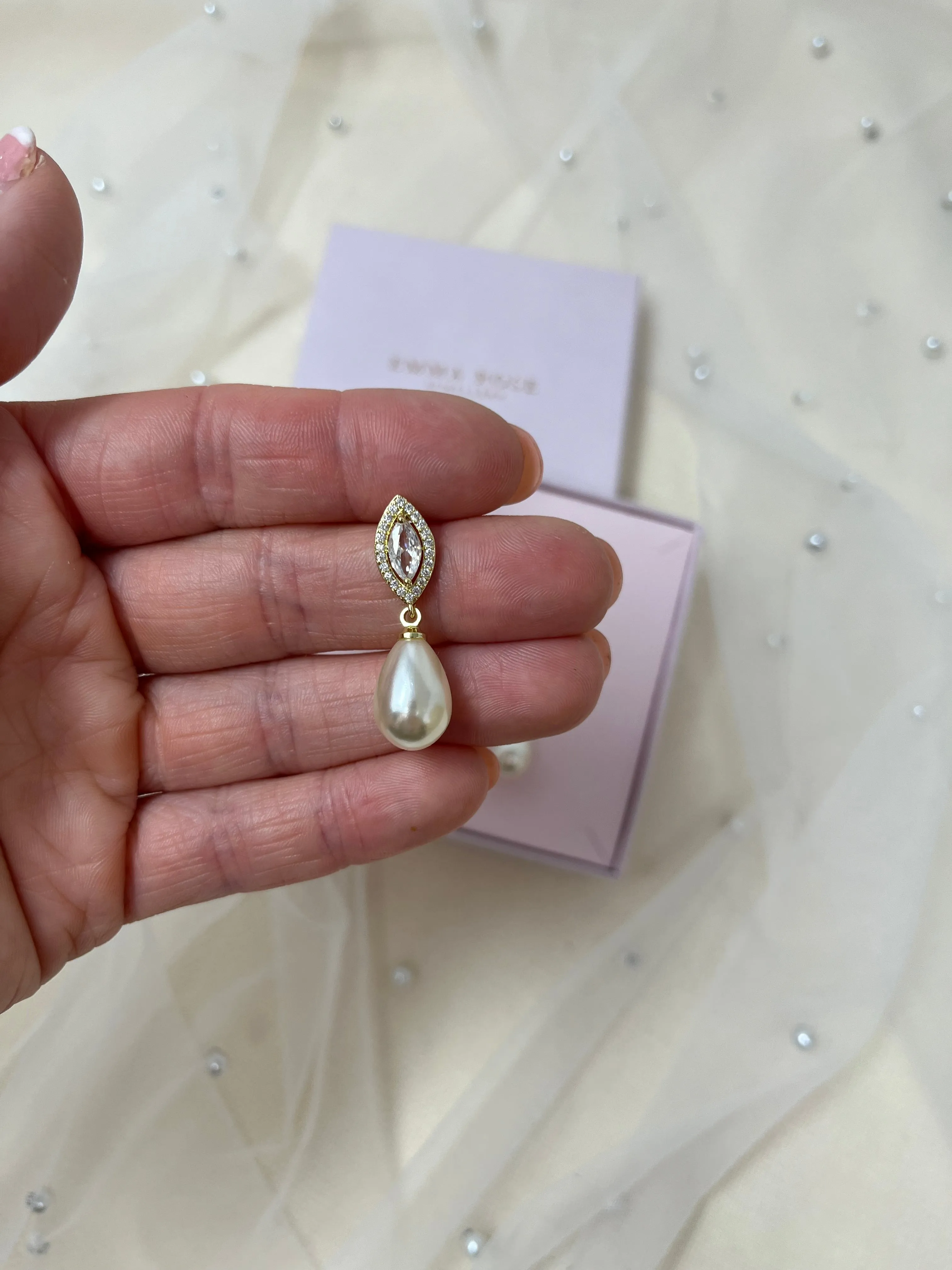 Gold Pearl Marquise Bridal Earrings
