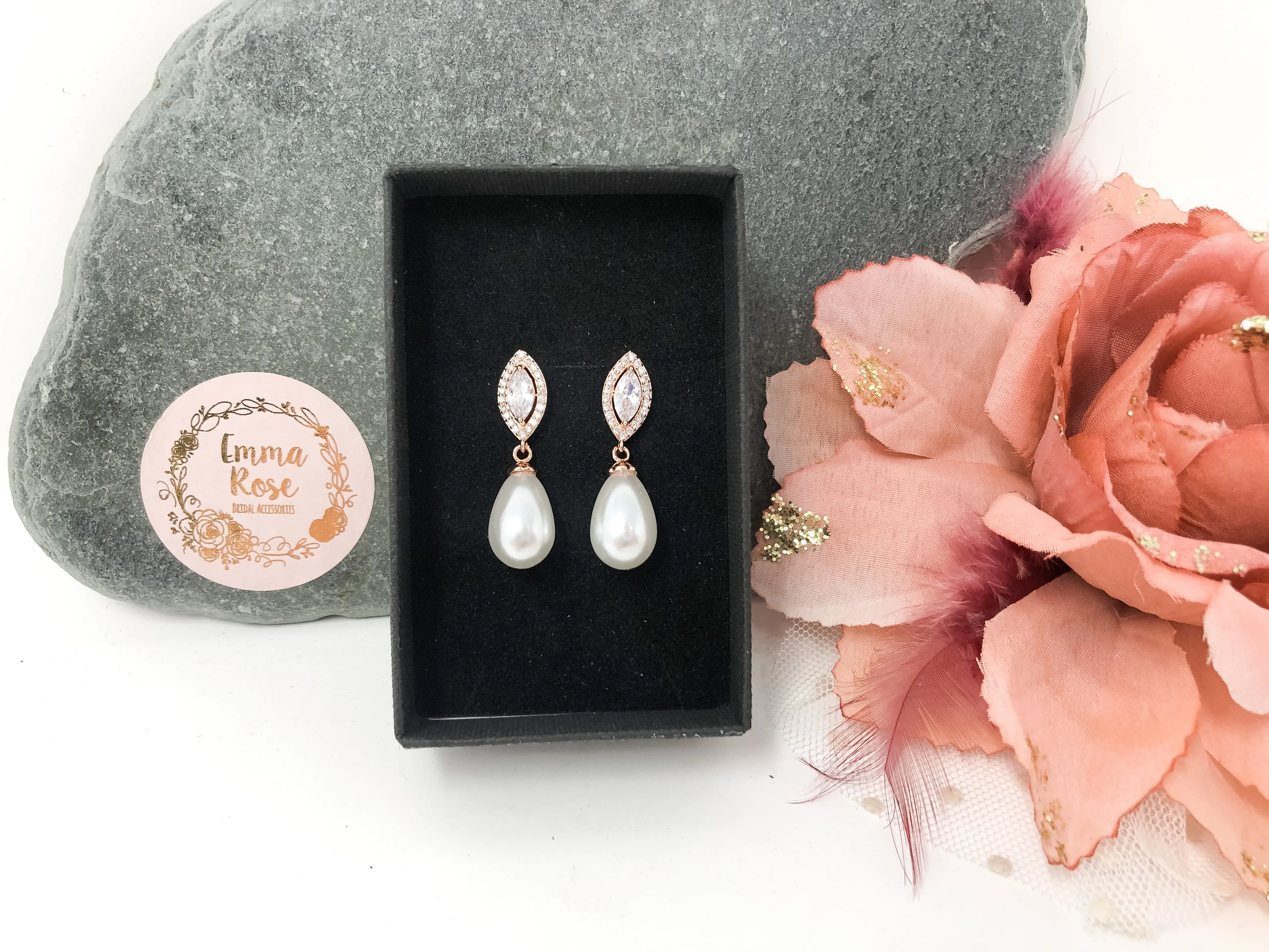 Gold Pearl Marquise Bridal Earrings