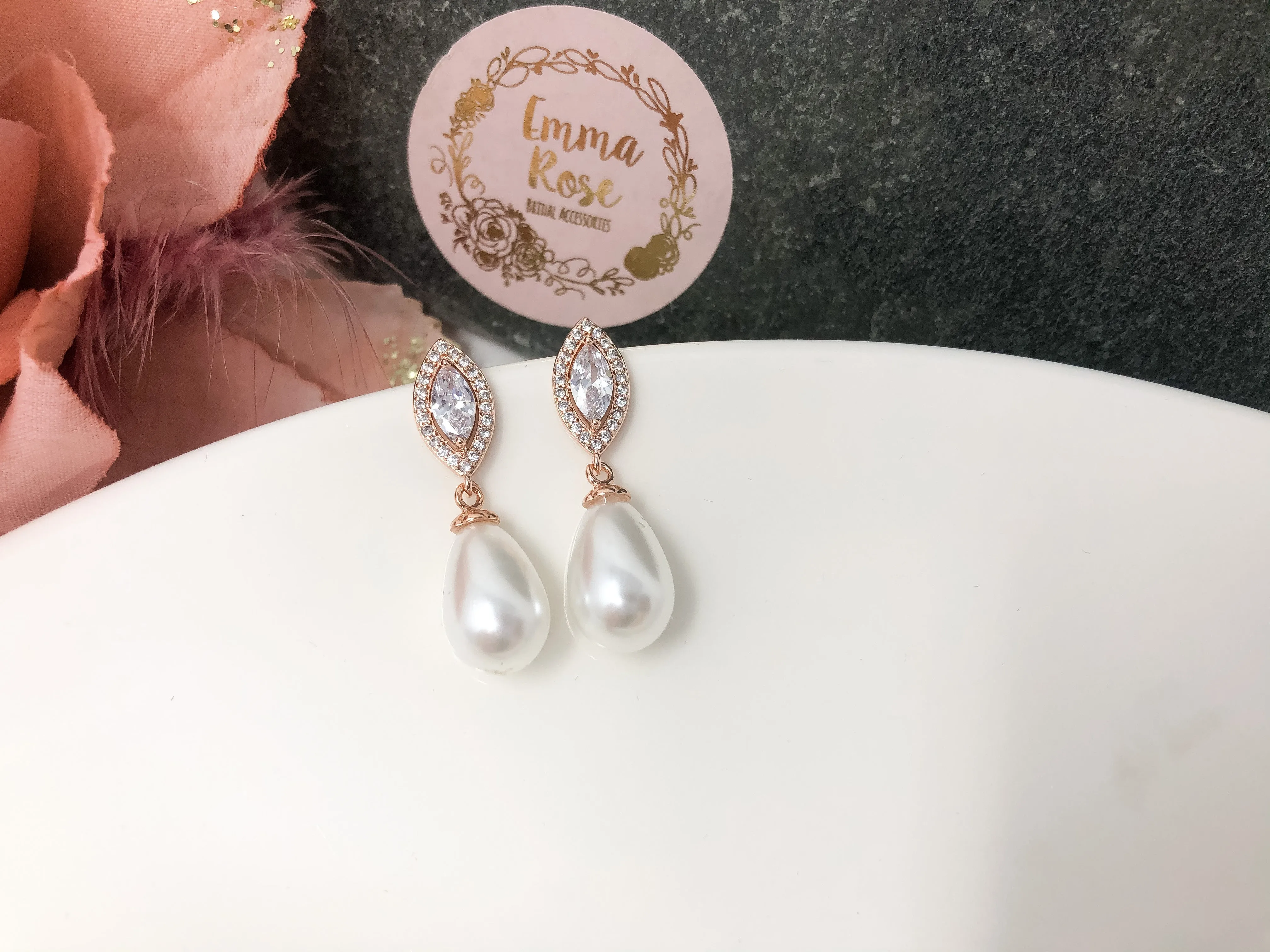 Gold Pearl Marquise Bridal Earrings