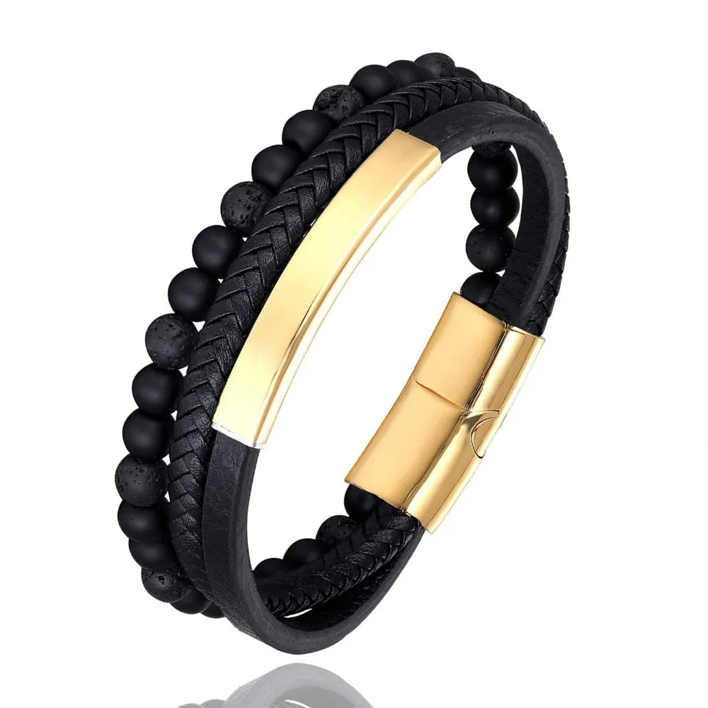 High Quality Natural Lava Stone Micro-inlaid Leather Stainless Steel Bracelet Men Women Fashion Jewelry