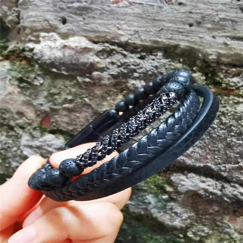 High Quality Natural Lava Stone Micro-inlaid Leather Stainless Steel Bracelet Men Women Fashion Jewelry