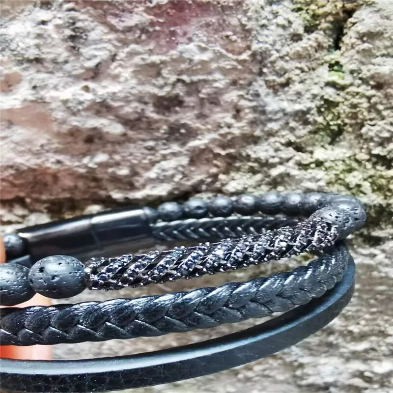 High Quality Natural Lava Stone Micro-inlaid Leather Stainless Steel Bracelet Men Women Fashion Jewelry