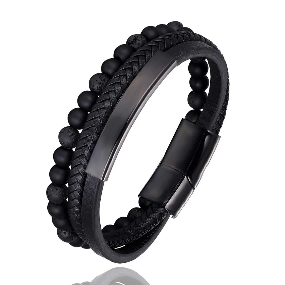 High Quality Natural Lava Stone Micro-inlaid Leather Stainless Steel Bracelet Men Women Fashion Jewelry