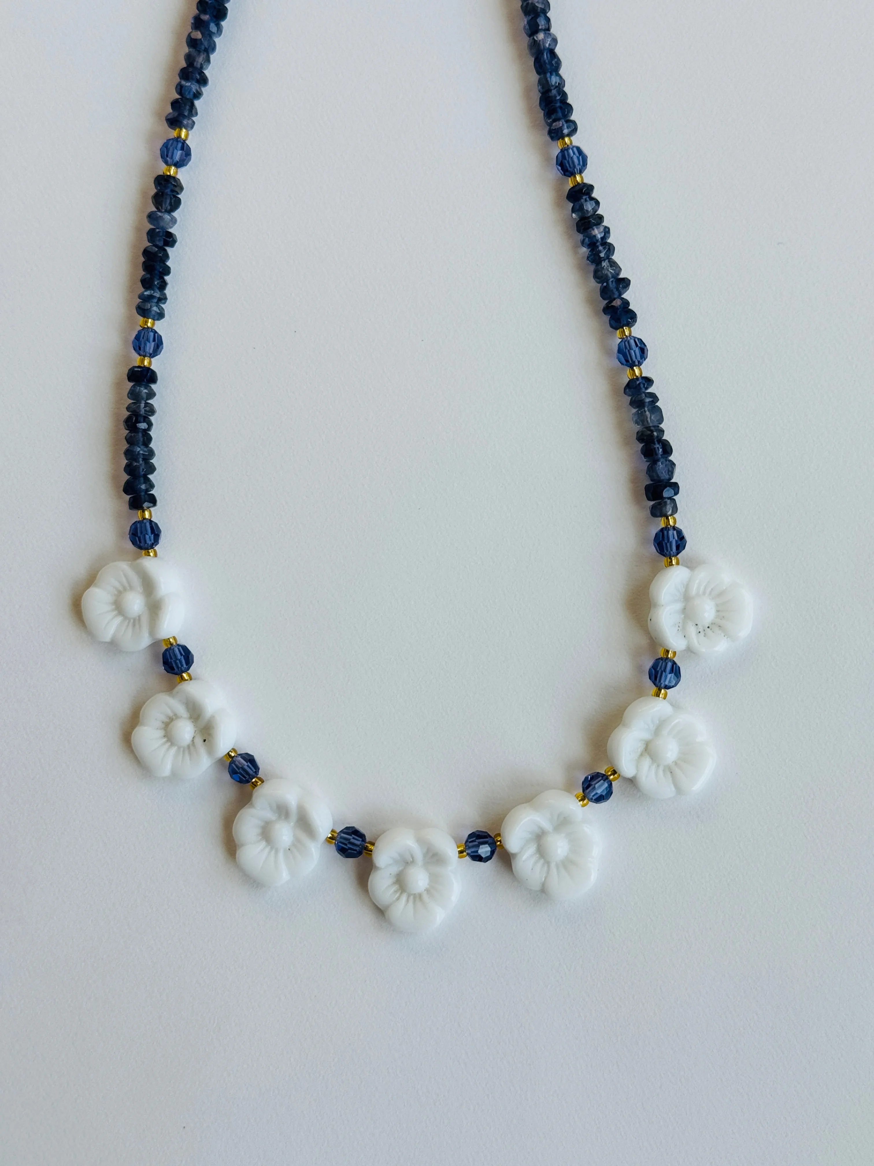 Iolite Necklace with Vintage Glass Flowers