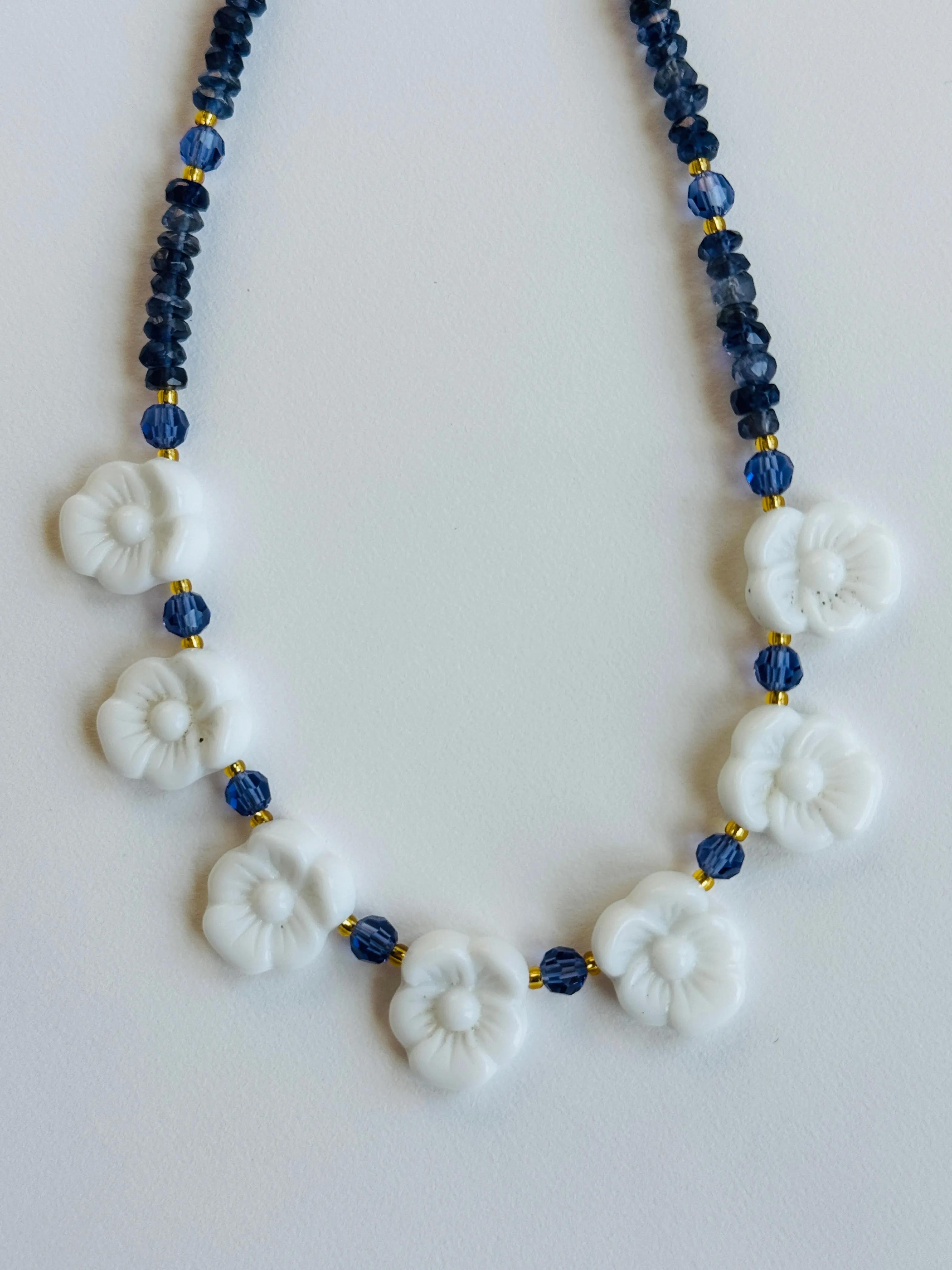 Iolite Necklace with Vintage Glass Flowers