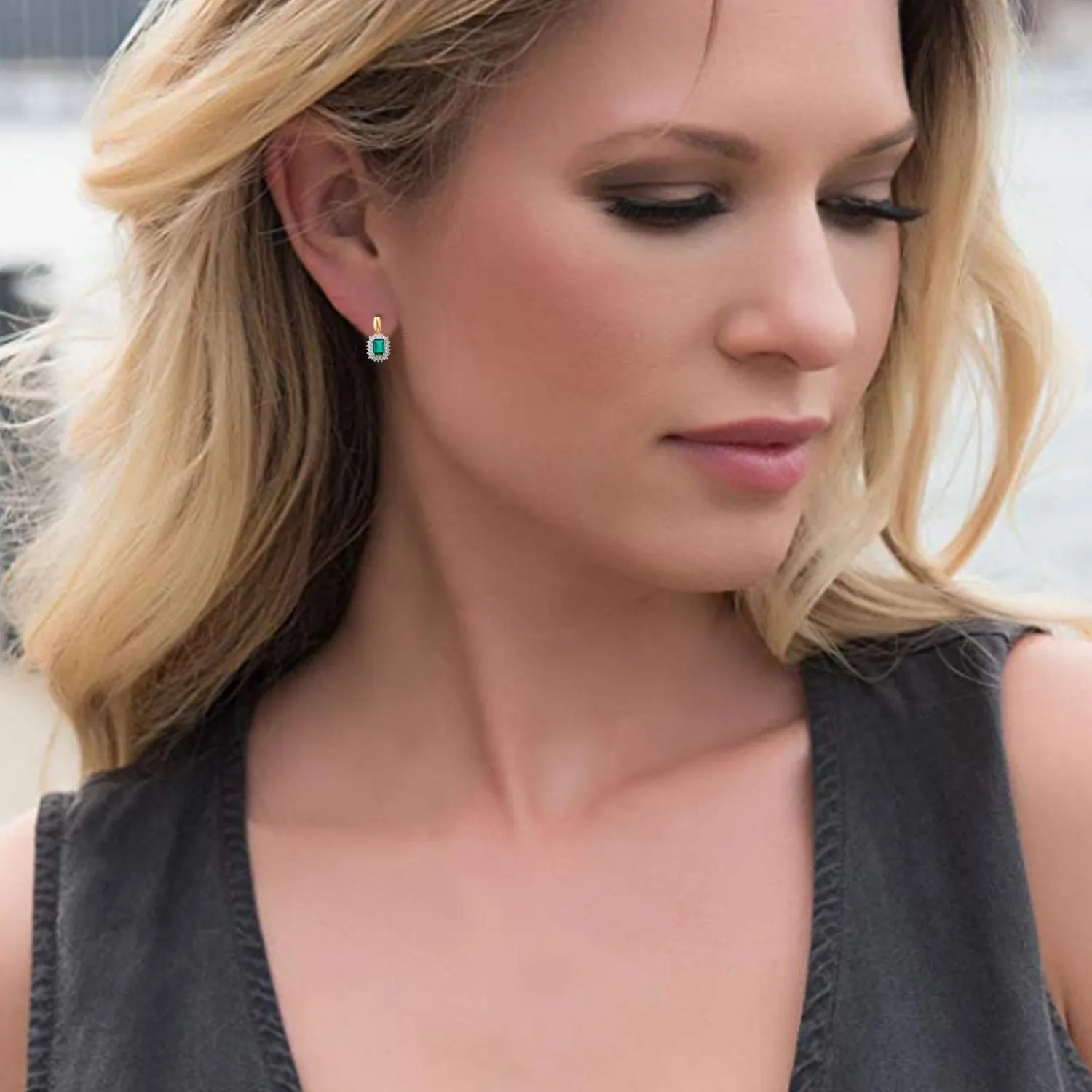 Jewelili Yellow Gold Over Sterling Silver Octagon Shape Created Emerald and Round Created White Sapphire Dangle Earrings