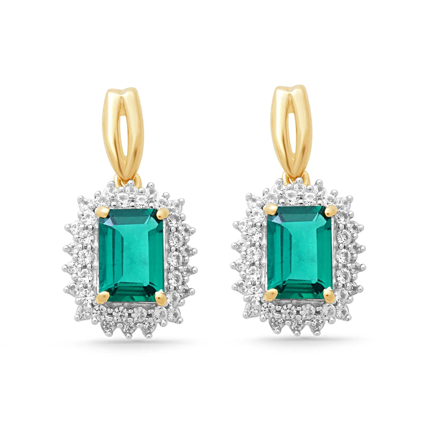 Jewelili Yellow Gold Over Sterling Silver Octagon Shape Created Emerald and Round Created White Sapphire Dangle Earrings
