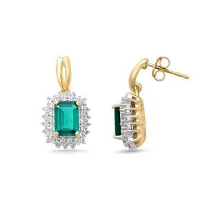 Jewelili Yellow Gold Over Sterling Silver Octagon Shape Created Emerald and Round Created White Sapphire Dangle Earrings