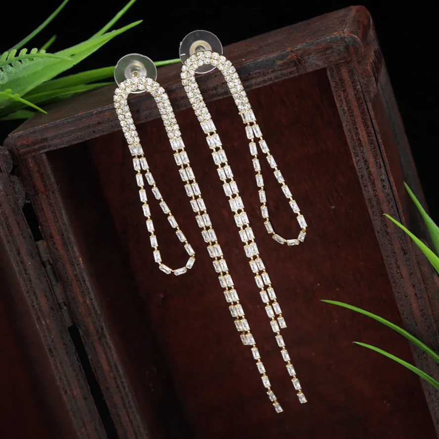 Korean Gold /silver Plated Baguette Stone Long Fancy Earring