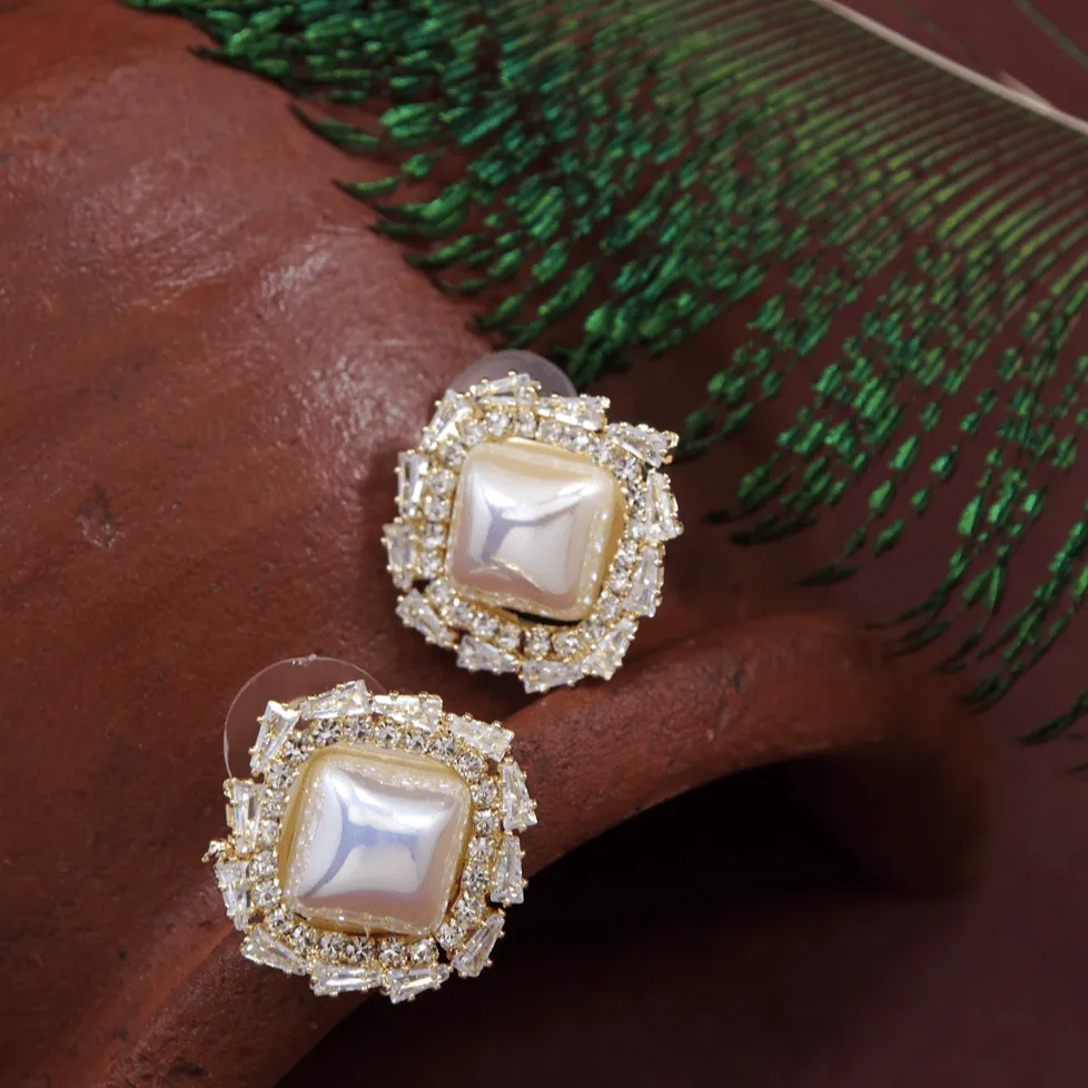 Korean Gold /Silver /Rosegold Plated Square Shaped Pearl Stud Earring