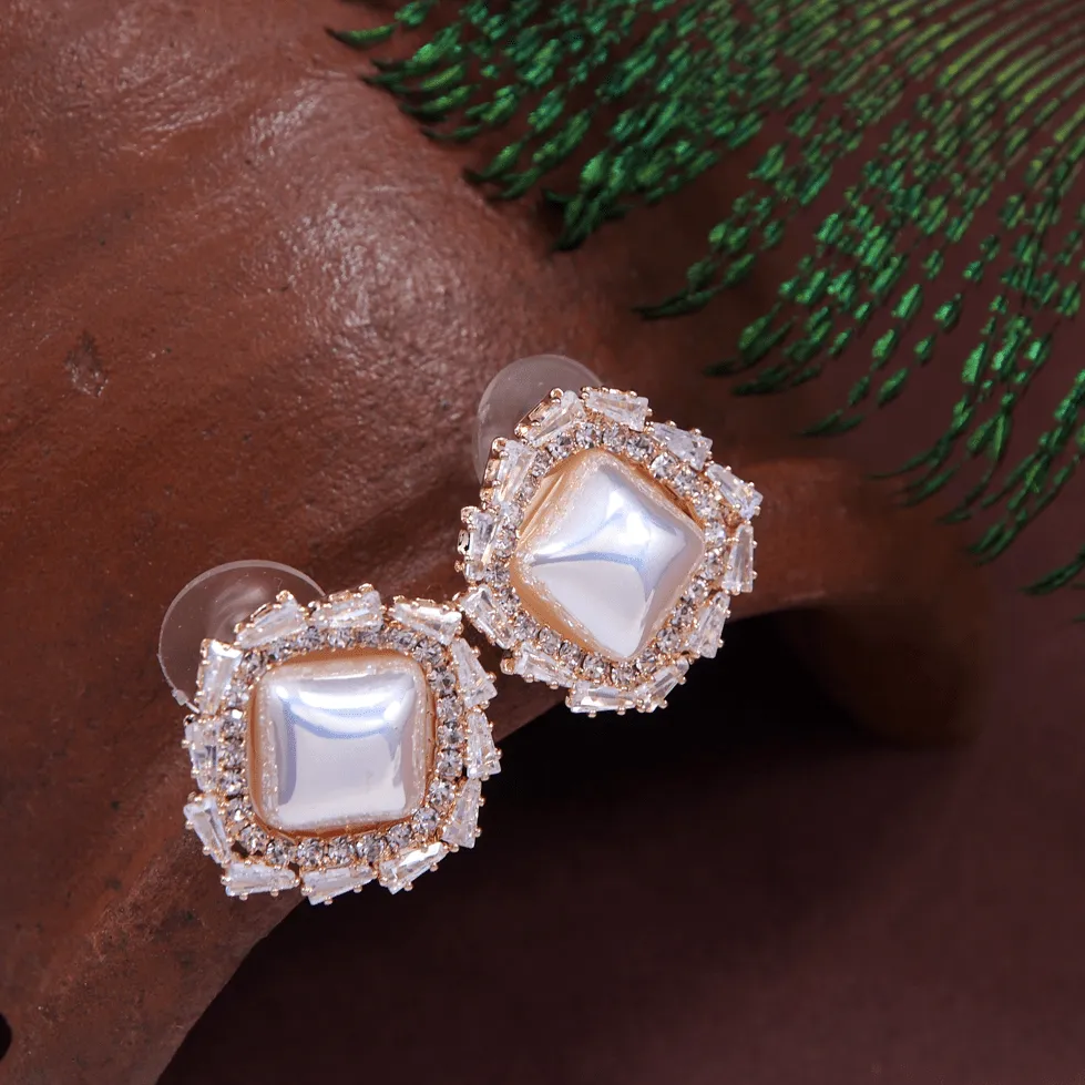 Korean Gold /Silver /Rosegold Plated Square Shaped Pearl Stud Earring
