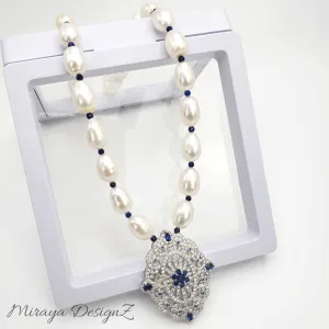 Lapis Lazuli Pearl Necklace with Zircon Pendant