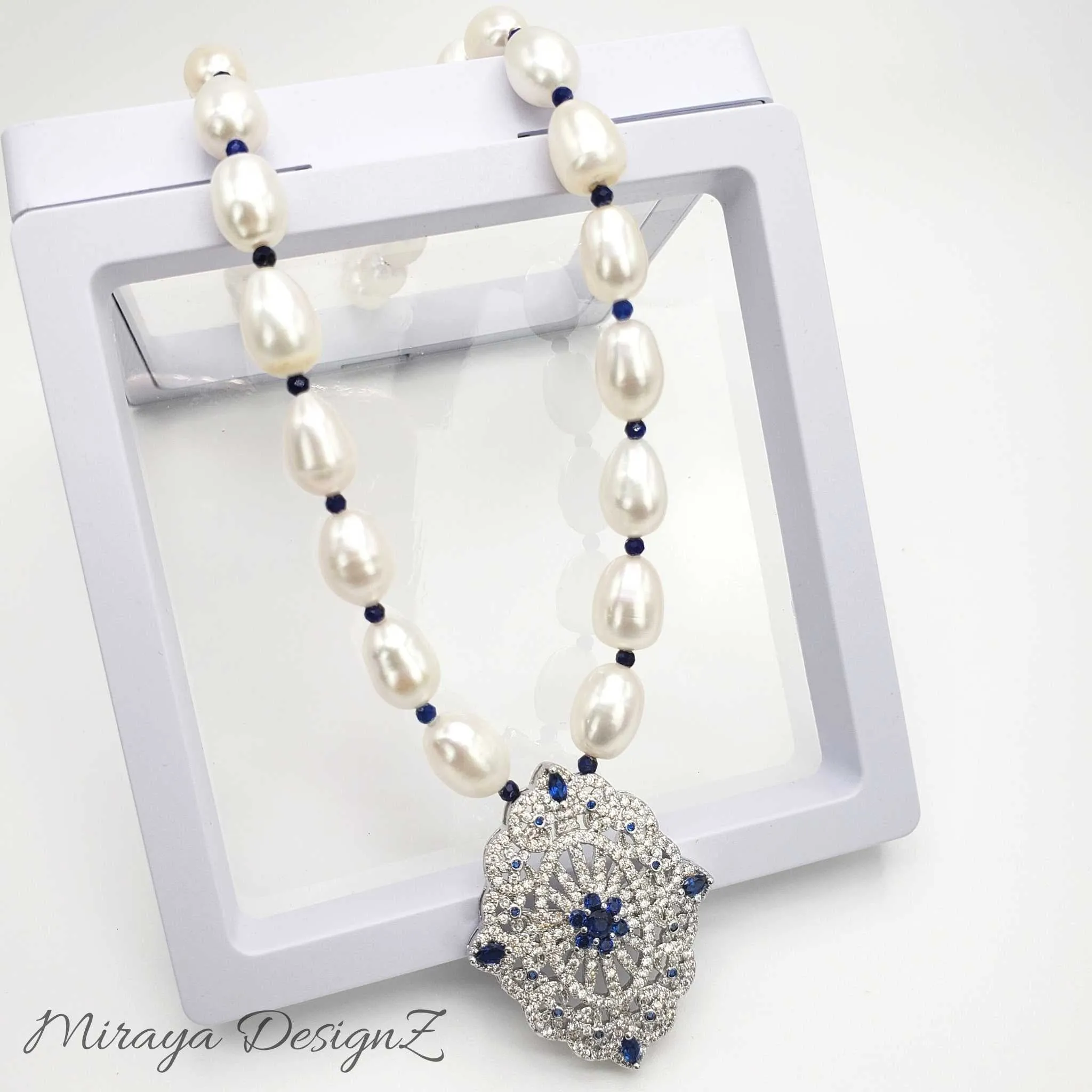 Lapis Lazuli Pearl Necklace with Zircon Pendant