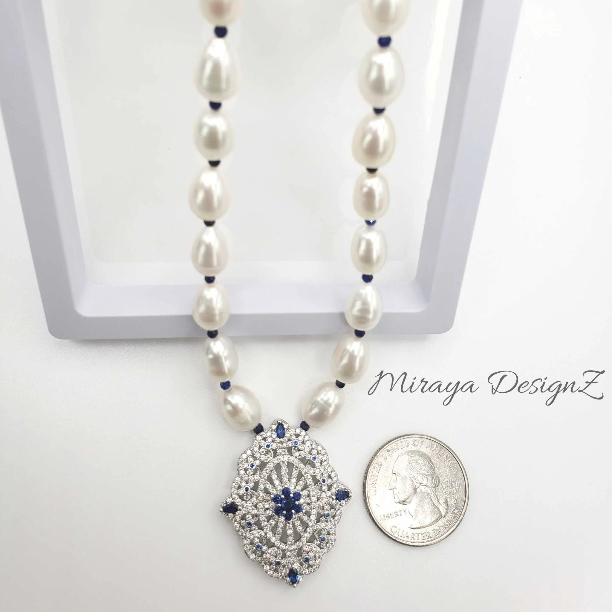 Lapis Lazuli Pearl Necklace with Zircon Pendant
