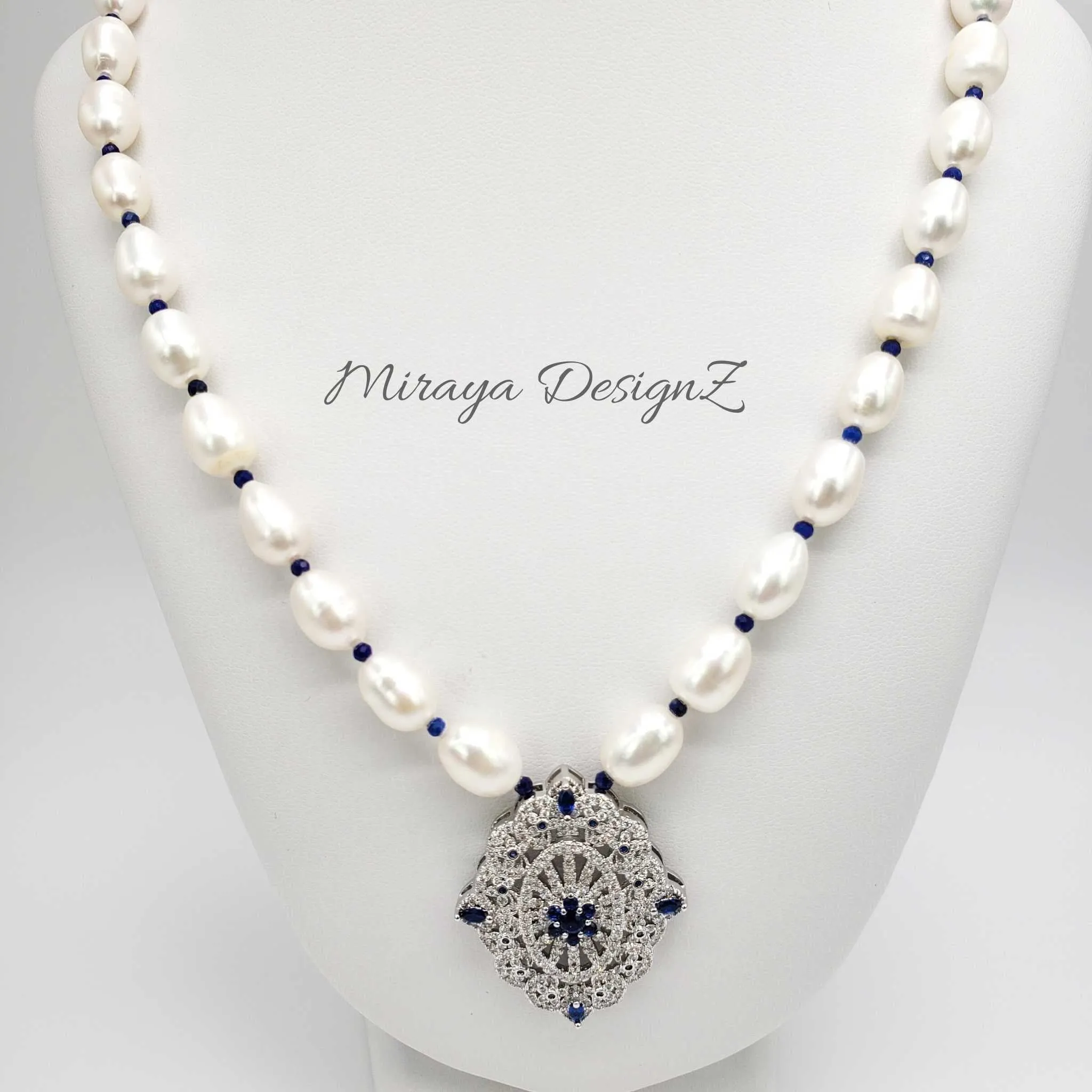 Lapis Lazuli Pearl Necklace with Zircon Pendant