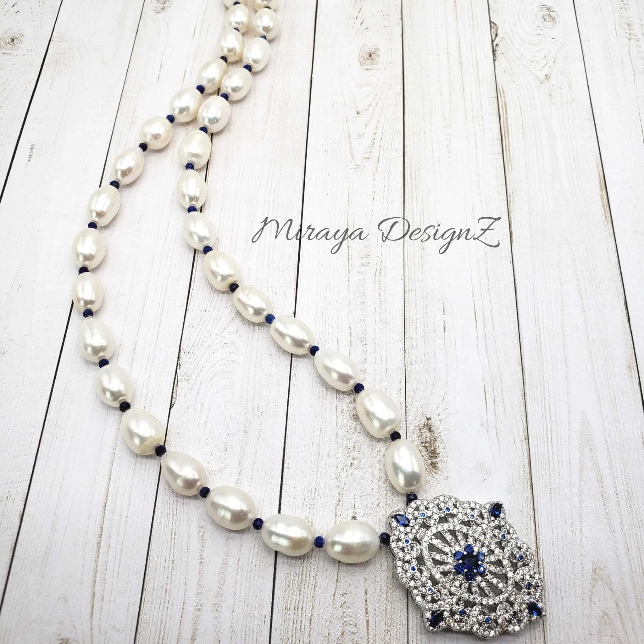 Lapis Lazuli Pearl Necklace with Zircon Pendant