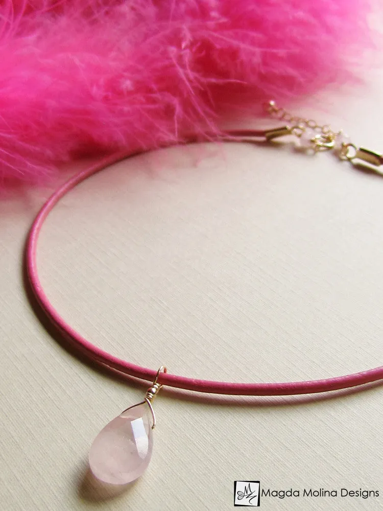 Mini Goddess (children) Pink or Blue Leather & Quartz Drop Necklace