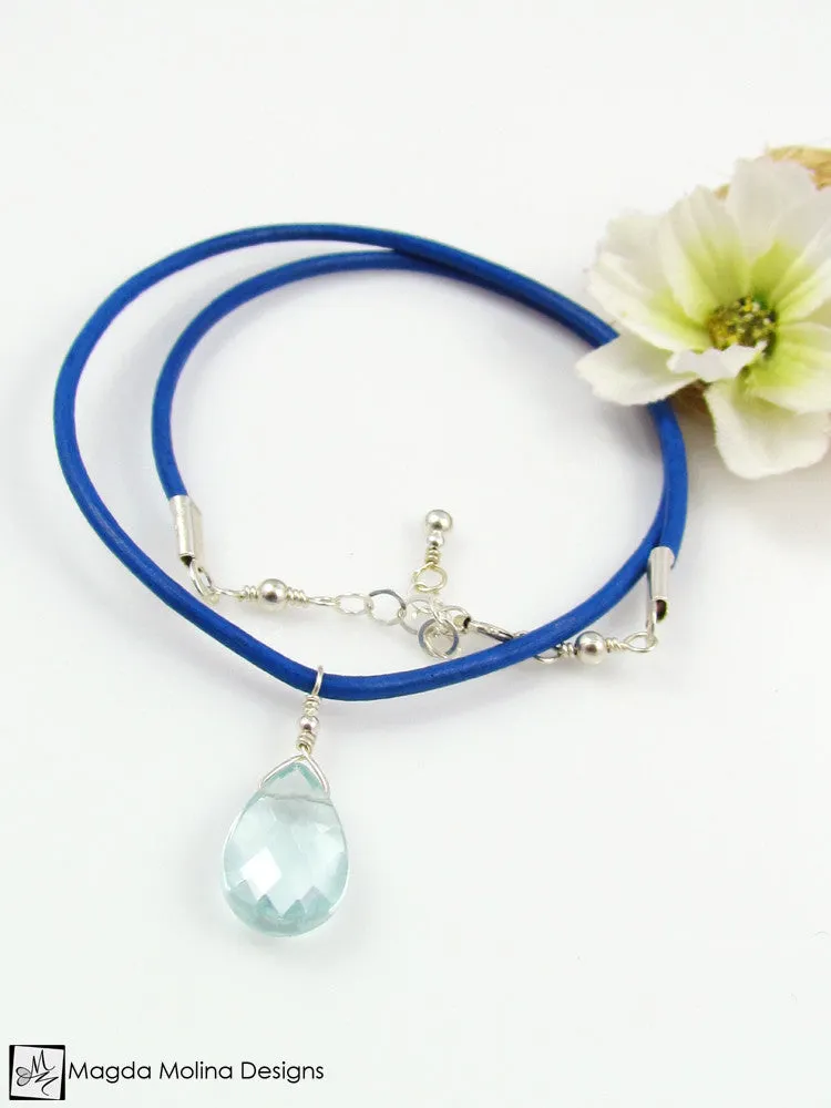 Mini Goddess (children) Pink or Blue Leather & Quartz Drop Necklace