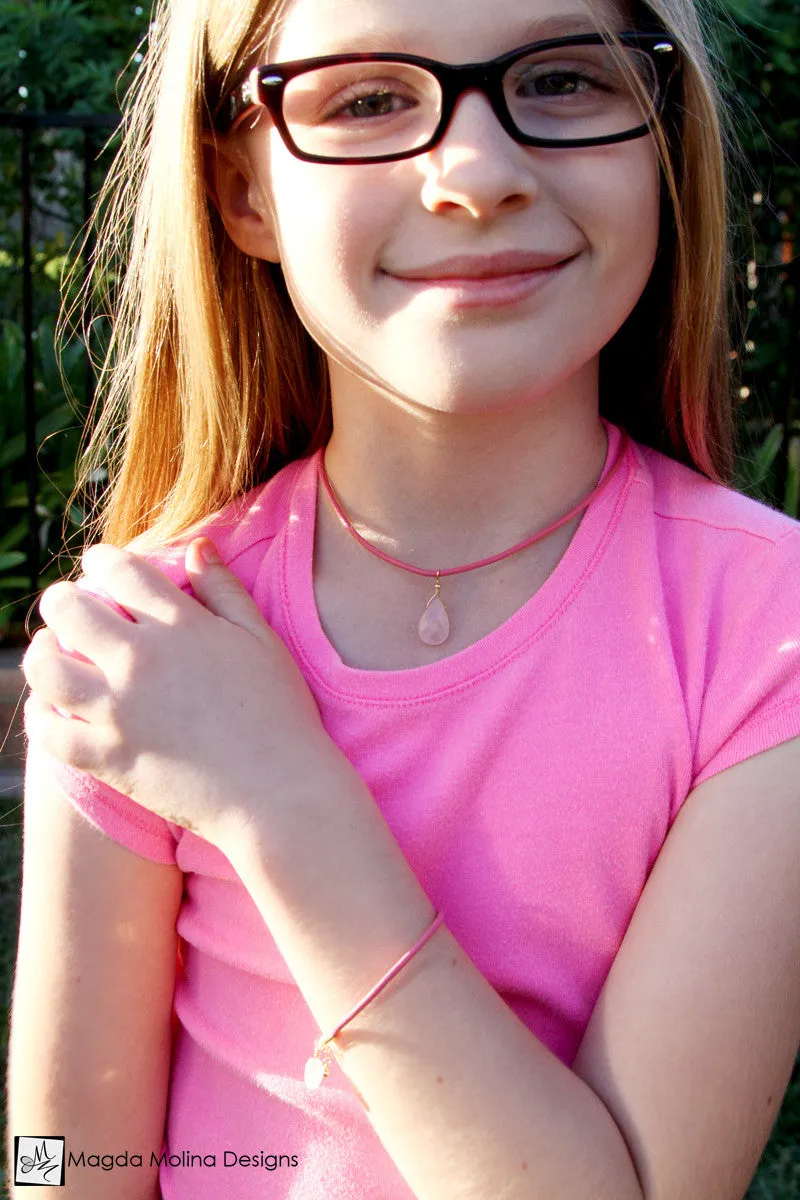Mini Goddess (children) Pink or Blue Leather & Quartz Drop Necklace