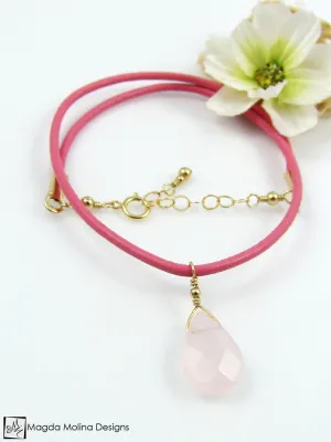 Mini Goddess (children) Pink or Blue Leather & Quartz Drop Necklace
