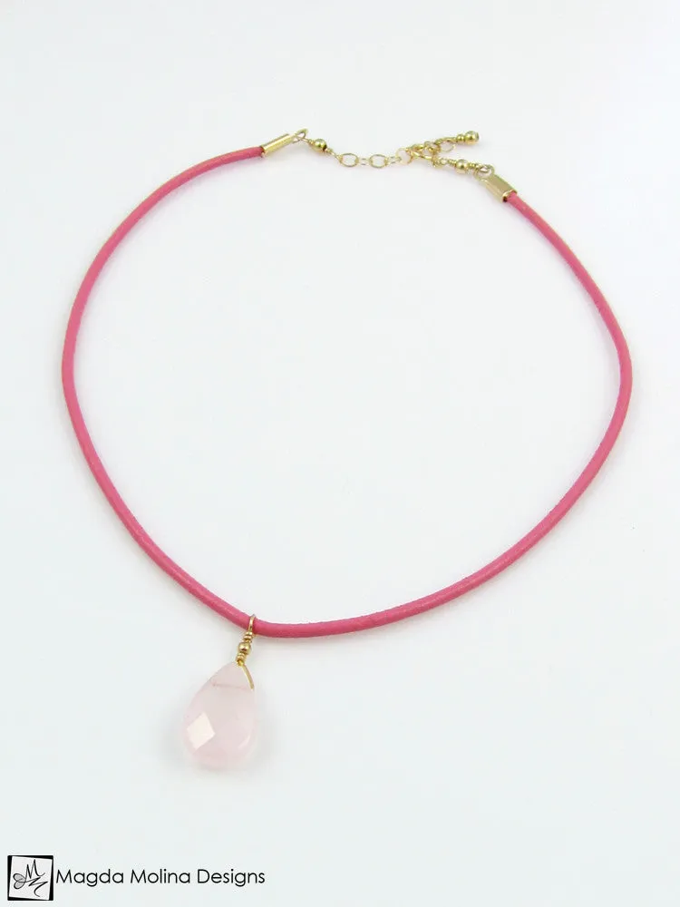 Mini Goddess (children) Pink or Blue Leather & Quartz Drop Necklace