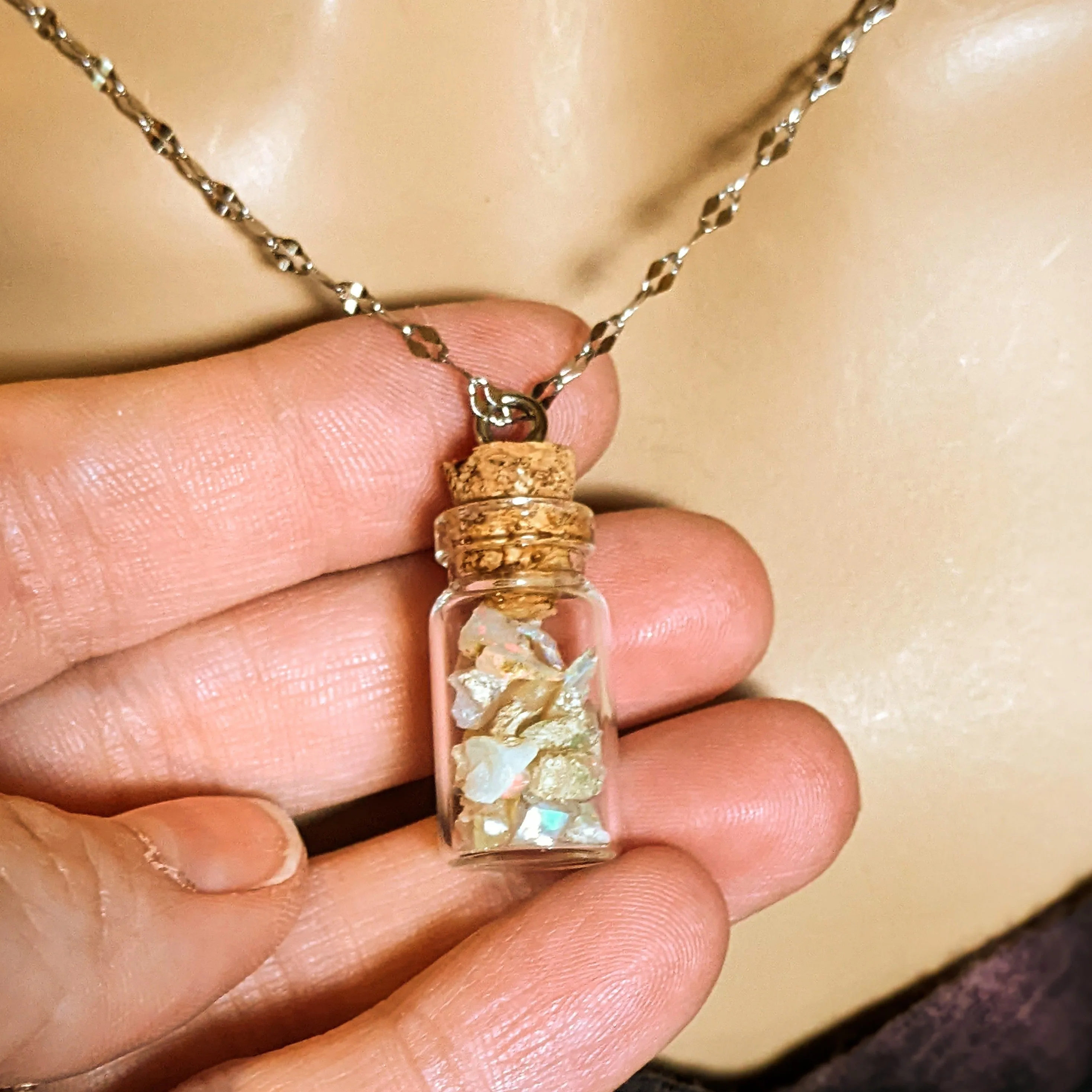 Opal Gemstone Libra Bottle Necklace, 20 or 24 inch, Silver/Gold