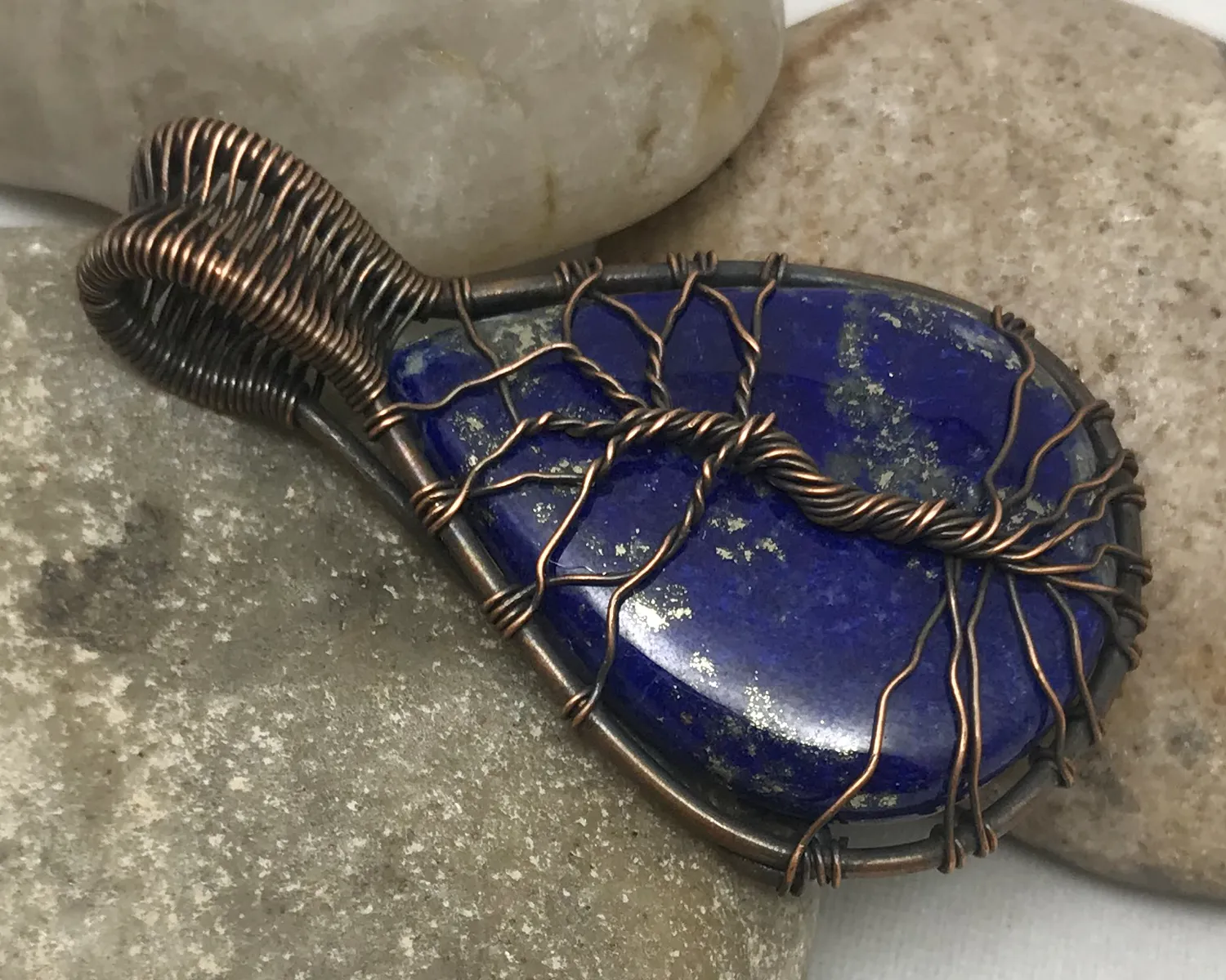 Oxidized Copper Wire Woven & Lapis Tree Of Life Pendant