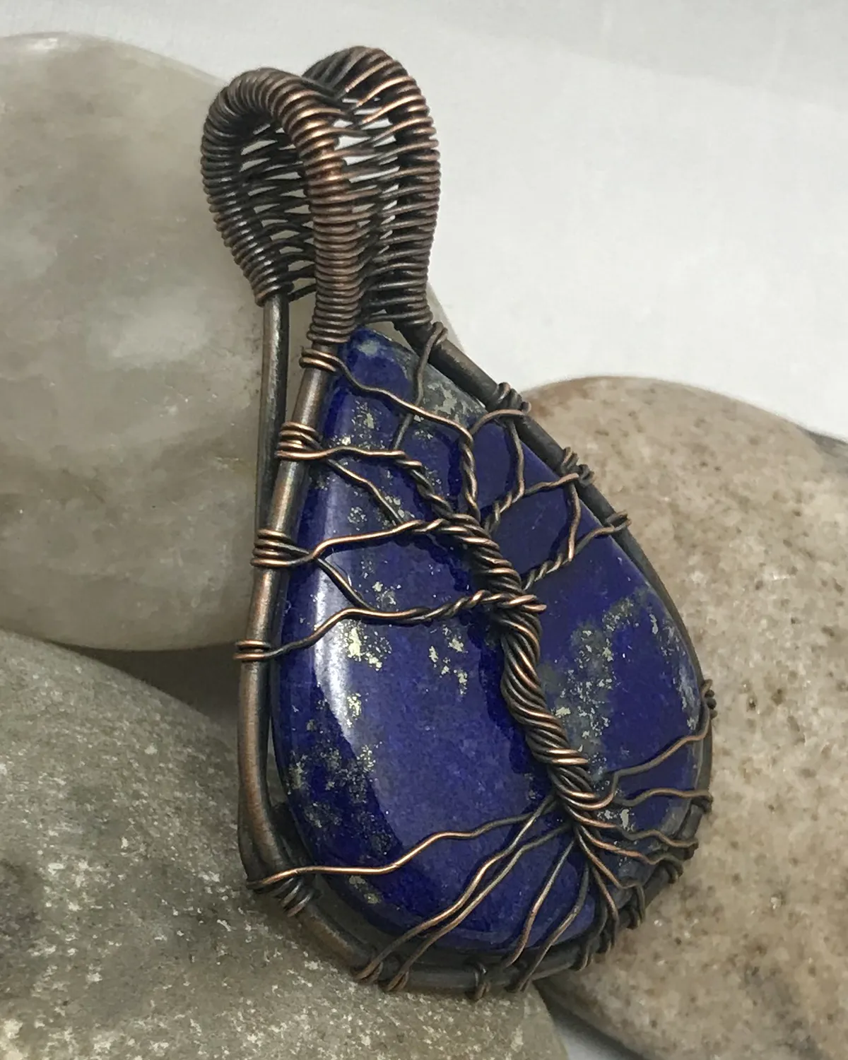 Oxidized Copper Wire Woven & Lapis Tree Of Life Pendant