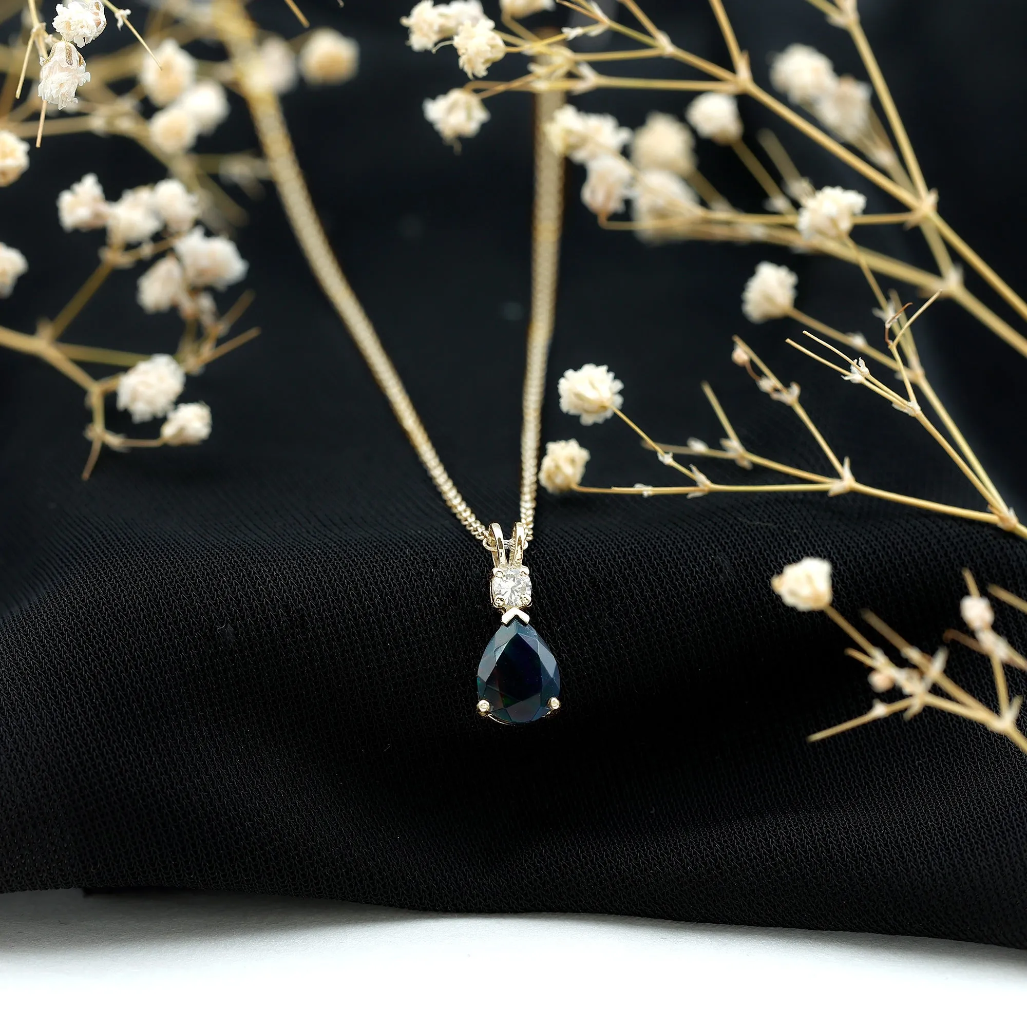 Pear Shape Black Opal Teardrop Pendant Necklace with Diamond