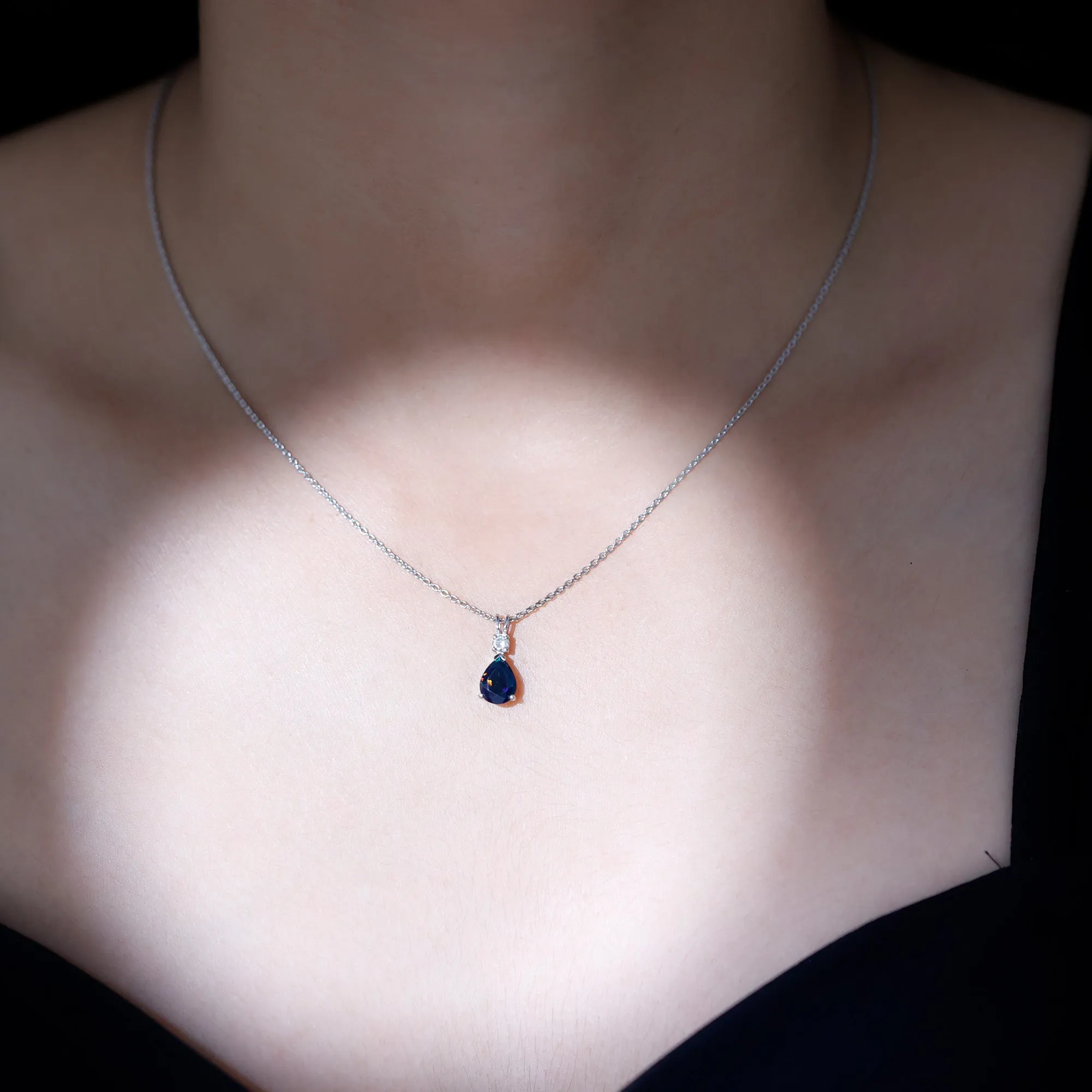 Pear Shape Black Opal Teardrop Pendant Necklace with Diamond